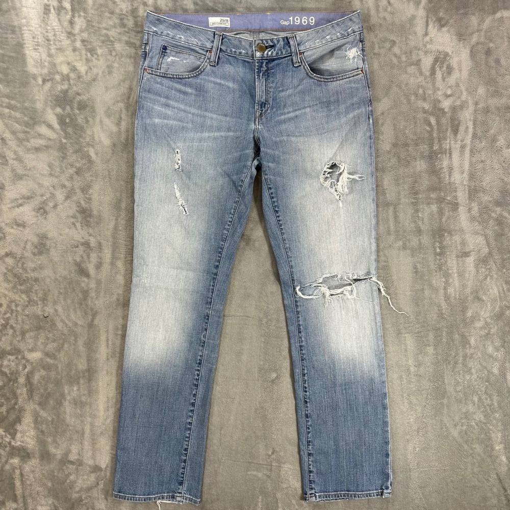 Gap 1969 Easy Straight Jeans Womens Size 29 / 8 Light Blue Distressed